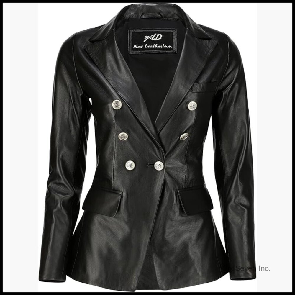 Lambskin Leather Blazer with Fancy Buttons, Long Sleeve Coat Style
